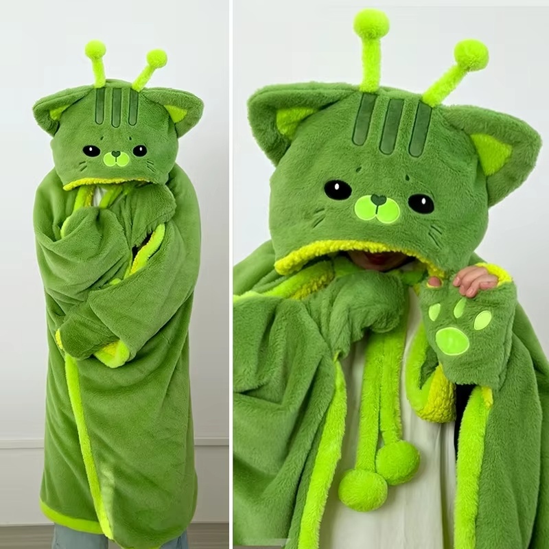 Fire Blanket Kitchen - ผ้าห่มคลุมตัวลายการ์ตูนแมวเอเลี่ยนน่ารัก ผ้าพลัฌสำหรับฤดูหนาว สีเขียว ผ้าฟลานเนล ชุดคลุมแบบสวมใส่ได้ พร้อมถุงมือ