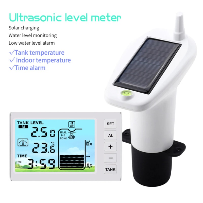 Water Alarm Sensor - เซ็นเซอร์วัดระดับน้ำ ตัวบ่งชี้ระดับน้ำแบบไร้สาย เครื่องวัดระดับน้ำแบบอัลตราโซนิก พร้อมระบบเตือนระดับสูง/ต่ำของของเหลวในถัง ใช้พลังงานแสงอาทิตย์